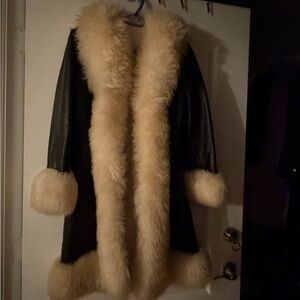 Luxurious Black and Cream Fur-Trimmed Coat